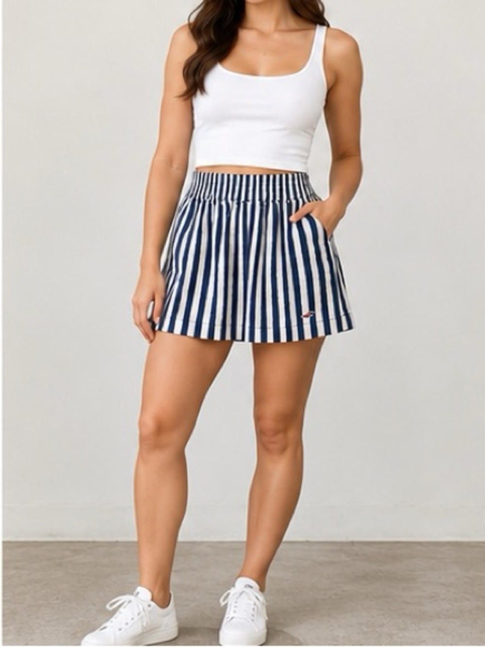 Hollister Navy and White Striped Pleated Mini Skirt